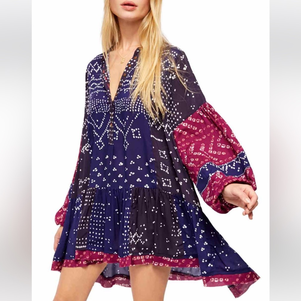 Free People Shibory Tunic Dress Shibori Indigo Combo Shirt Dress S